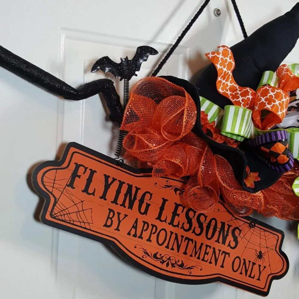 Witch's Flying Broom Stick Halloween Wreath, Flying Lesson Broom Wreath